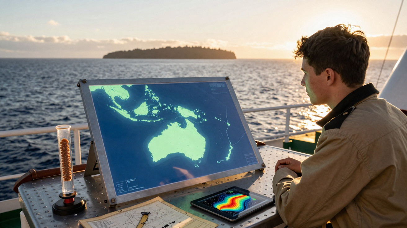 Jovem navega num barco ao pôr do sol, estudando mapas digitais do oceano e da Austrália.