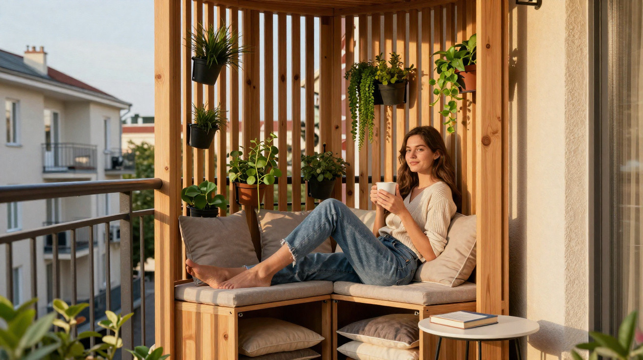 Mulher sentada numa varanda com plantas a beber café num espaço acolhedor de madeira e almofadas.