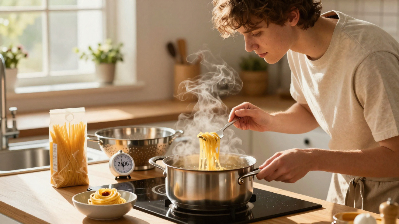 Jovem cozinha esparguete numa panela enquanto o vapor sobe na cozinha iluminada pelo sol.