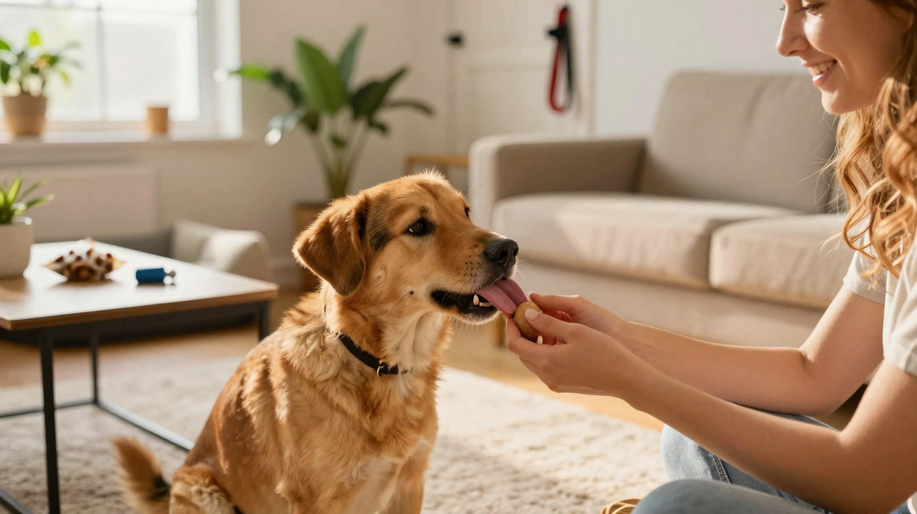 Mulher a dar um biscoito a um cão sentado numa sala de estar luminosa e acolhedora.