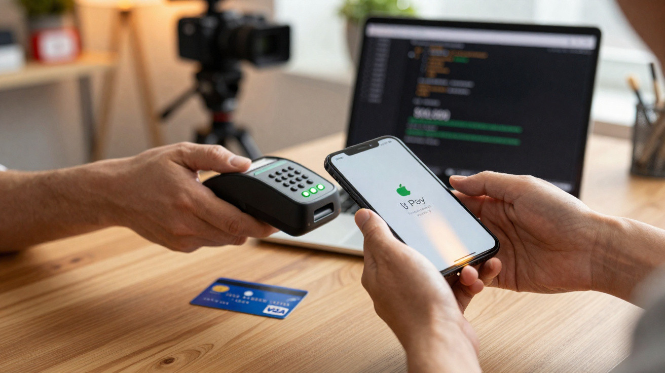 Pessoa a fazer pagamento com iPhone através do Apple Pay num terminal de pagamento sem contacto numa mesa de madeira.