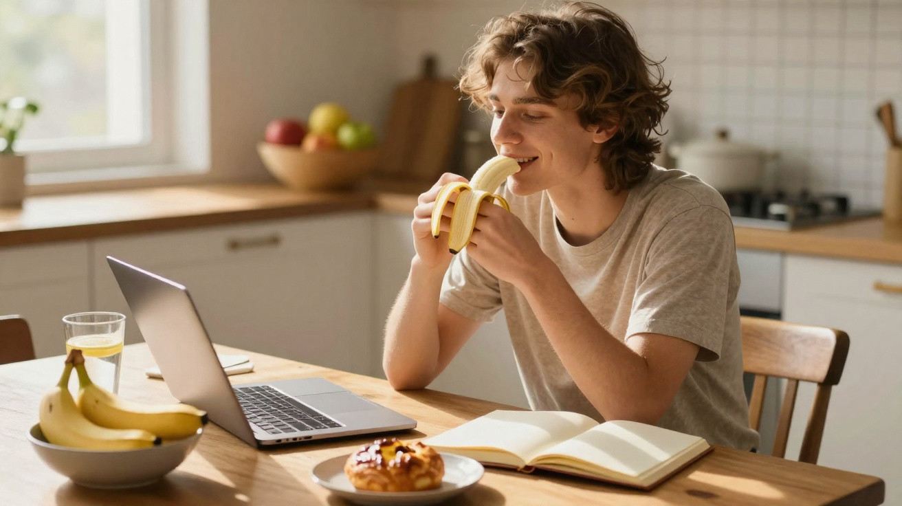 Jovem a comer uma banana enquanto está sentado à mesa com computador, caderno e pastelaria à sua frente.