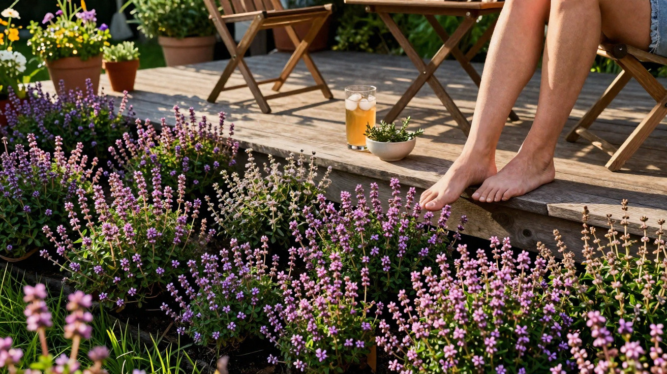 Pés desnudos de uma pessoa sentada numa varanda de madeira com flores lilases e um copo de bebida gelada.