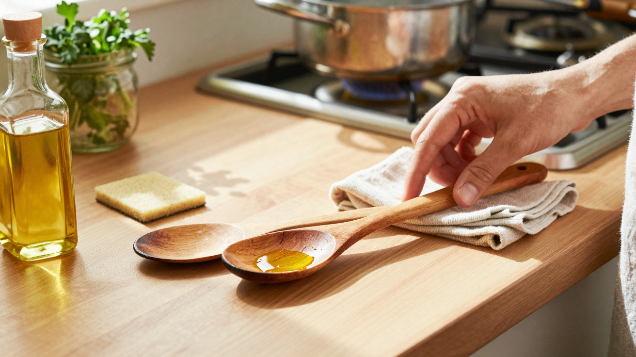 Mão feminina toca colher de pau com azeite numa bancada de cozinha com pano, esponja e ervas.