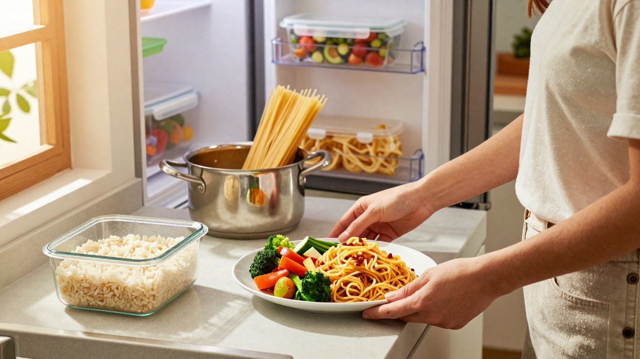 Pessoa a servir prato com esparguete e legumes na cozinha, ao lado de panela com esparguete crú e tupperware.