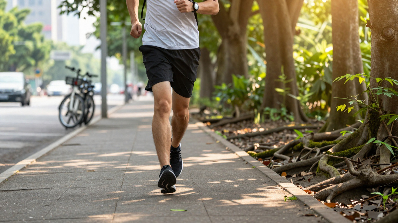 Pessoa a correr num passeio urbano com árvores e luz solar suave ao final da tarde.
