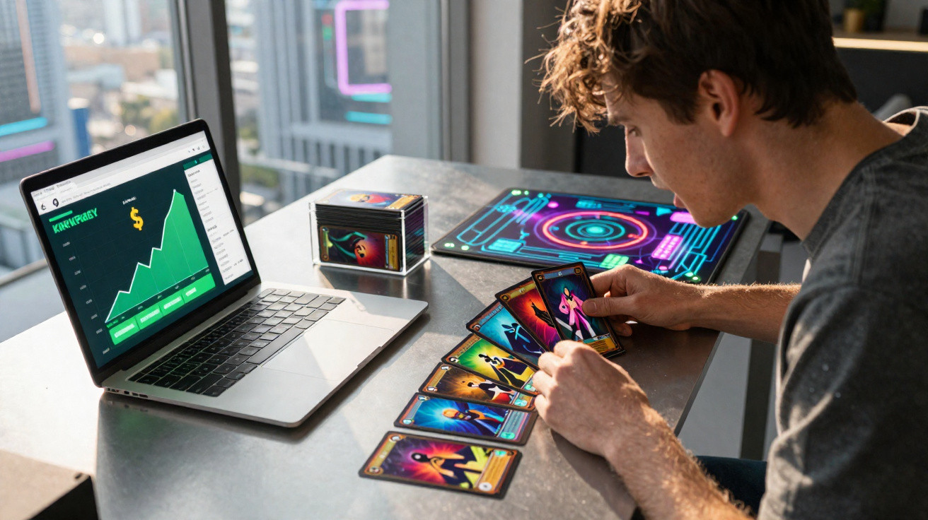 Homem sentado à mesa com cartas de jogo coloridas, computador com gráficos financeiros ao lado.