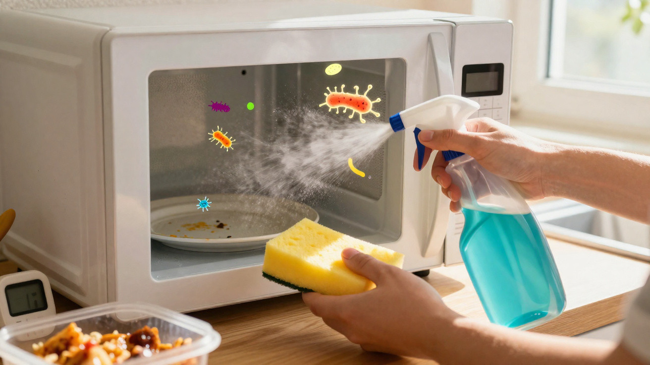 Pessoa a limpar o interior de um micro-ondas com spray e esponja, com gráficos de bactérias sobrepostos.
