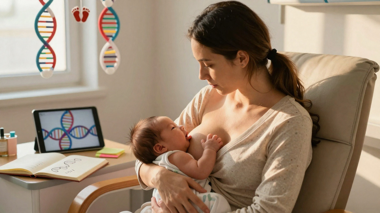 Mãe amamenta bebê num ambiente luminoso com imagens de DNA em ecrã e decoração na parede.