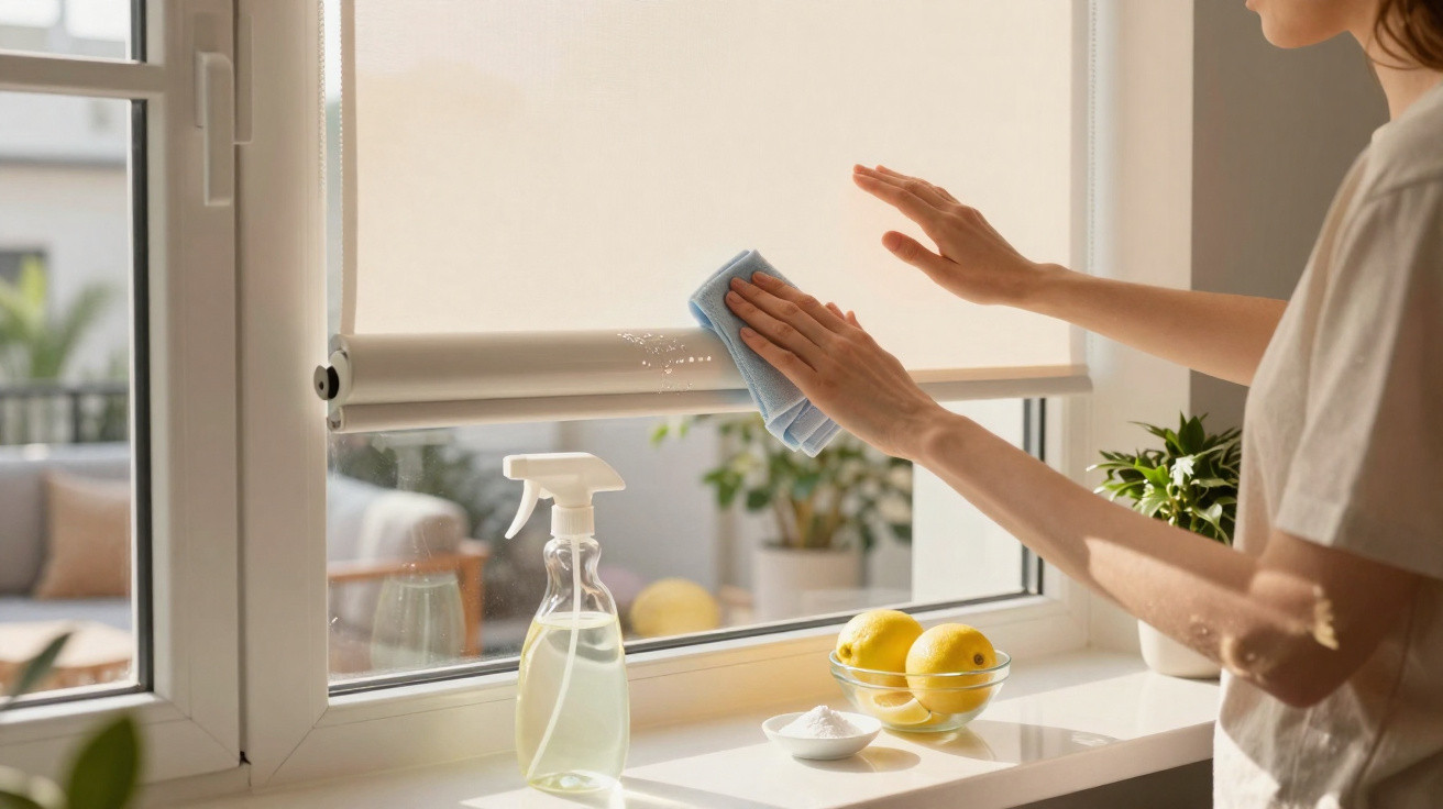 Pessoa a limpar estores brancos numa janela com pano azul, perto de limões e garrafa de spray.