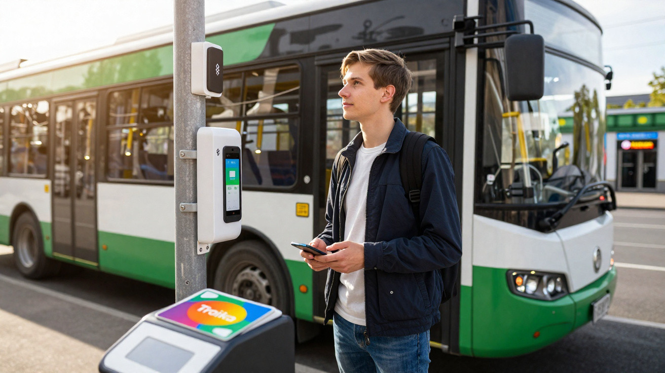 Jovem espera para validar o passe no autocarro elétrico numa paragem com dispositivos de pagamento digital.