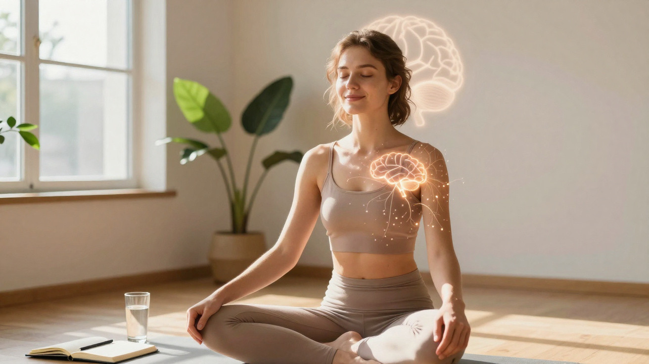 Mulher a meditar sentada no chão com ilustrações digitais de cérebro, transmitindo calma e foco mental.