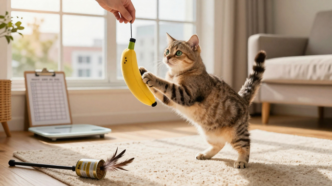Gato tigrado a brincar numa sala iluminada, a alcançar um brinquedo em forma de banana pendurado.