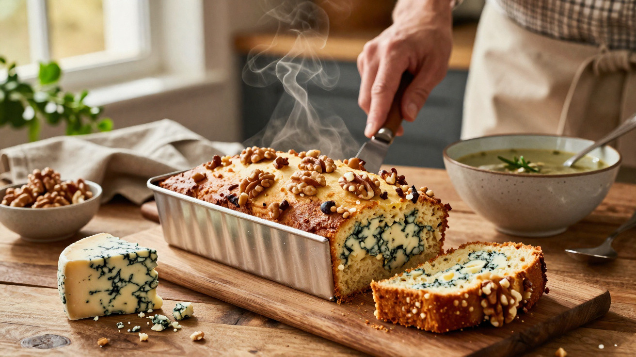 Bolo de queijo azul e nozes a vapor, com fatia cortada, numa tábua de madeira numa cozinha.