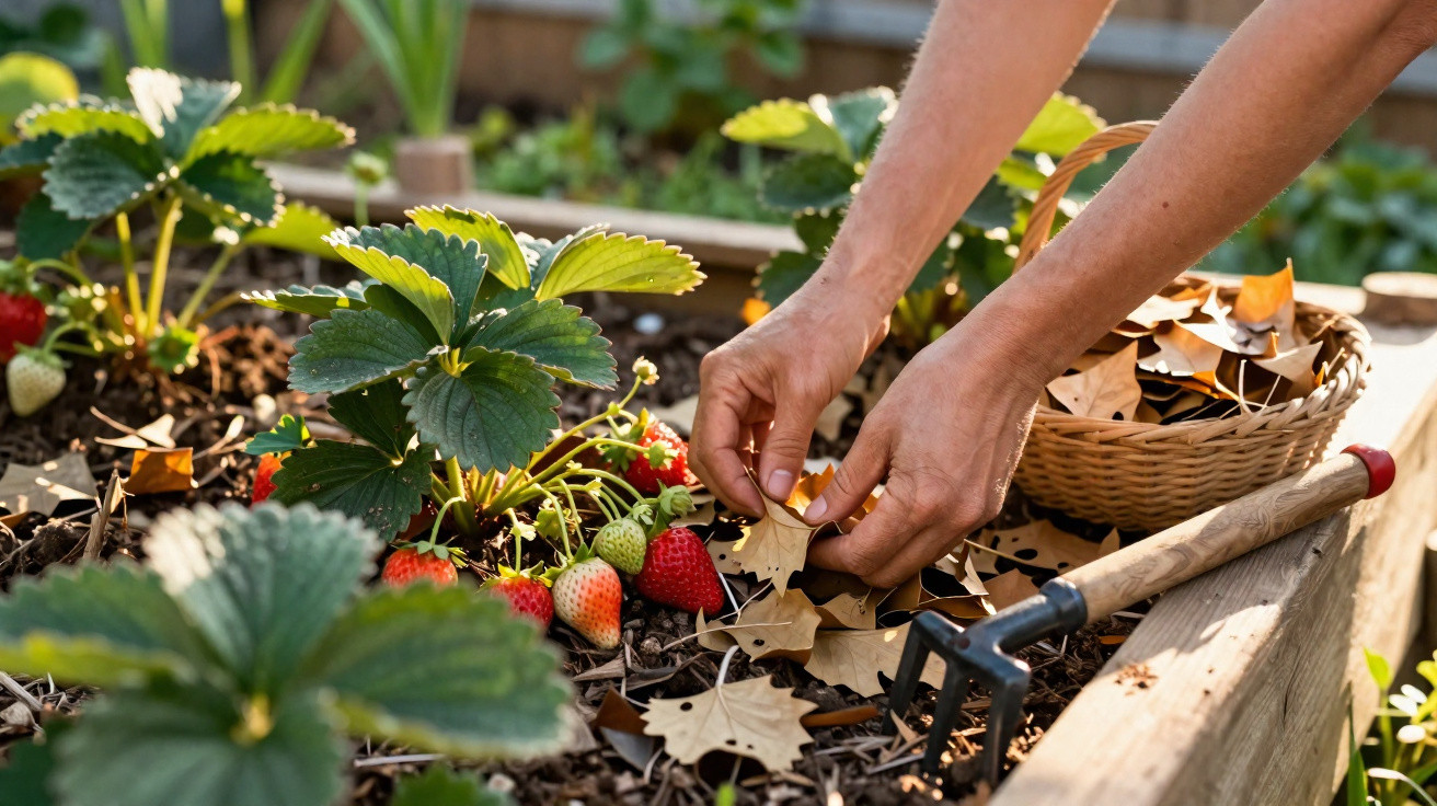 Mãos a colocar folhas secas como cobertura do solo num canteiro com plantas de morango e frutos maduros.