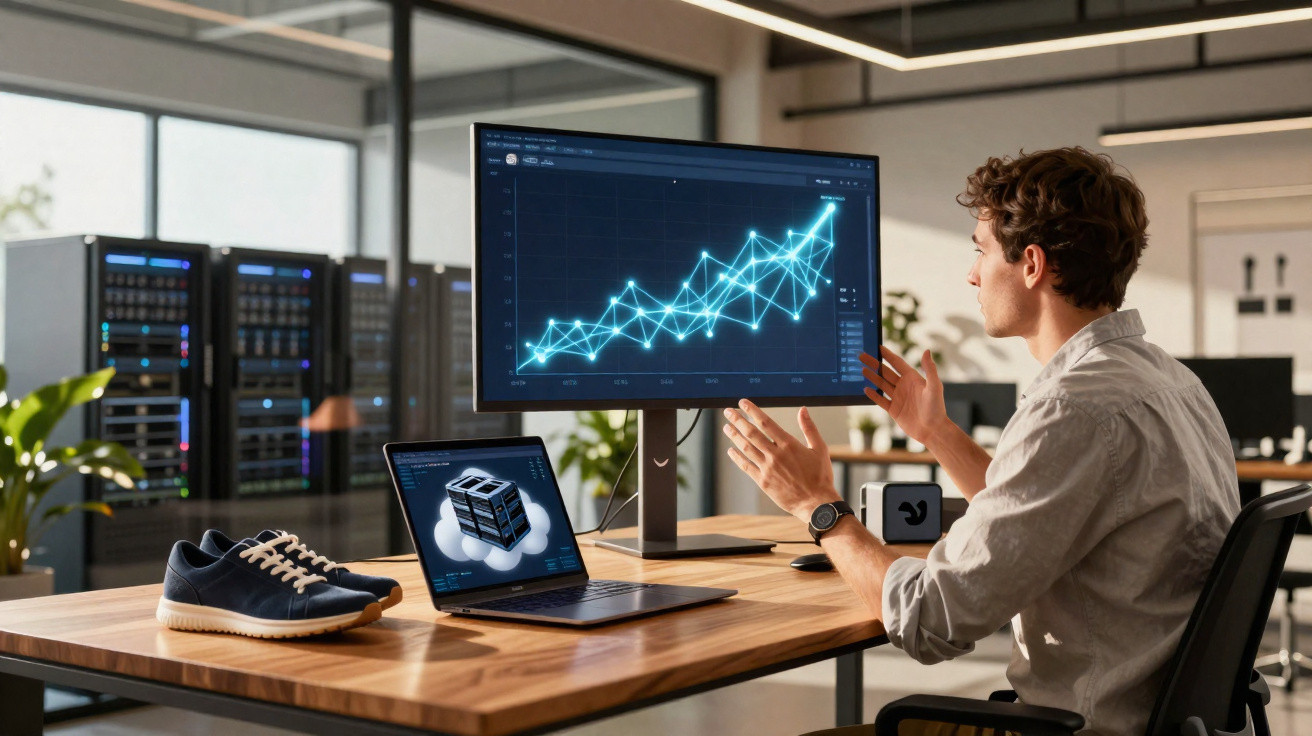 Homem sentado em escritório moderno analisa gráfico de crescimento digital num monitor e imagens técnicas num portátil.