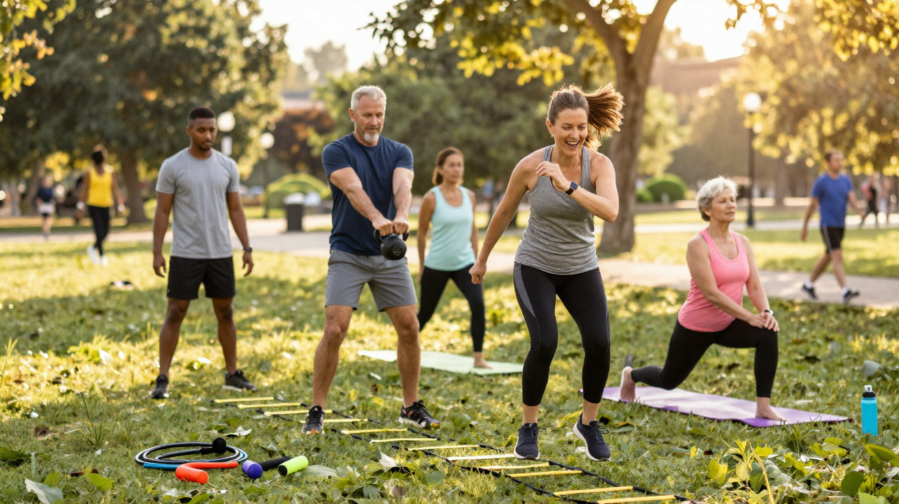 Grupo diversificado a fazer exercício físico ao ar livre num parque ensolarado, com equipamentos de treino no chão.