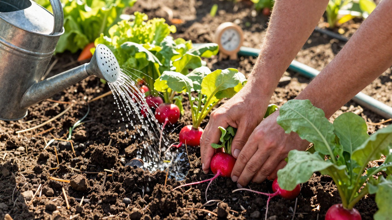 Pessoa a colher rabanetes vermelhos enquanto rega plantas num campo de cultivo.