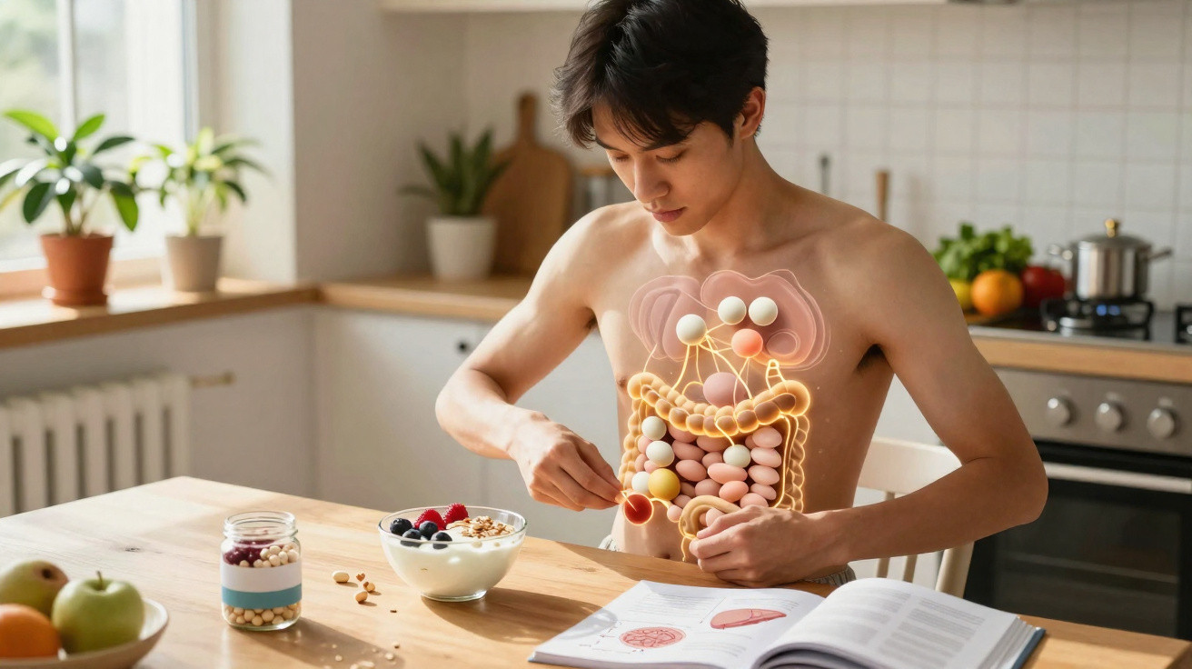 Homem sentado a comer iogurte, com ilustração digital do sistema digestivo sobreposta ao seu torso.