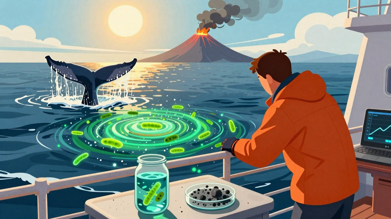 Ilustração de cientista num barco a observar microrganismos no mar com baleia e vulcão em erupção ao pôr do sol.