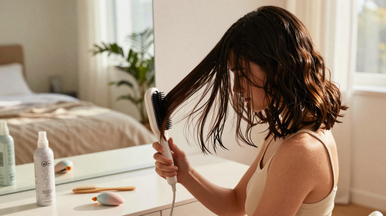Mulher a secar o cabelo com uma escova térmica em frente a um espelho numa divisão iluminada.