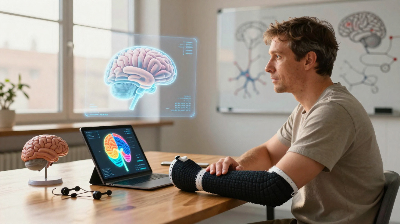 Homem sentado numa mesa com órtese no braço observa imagens digitais de cérebro num laptop e holograma.