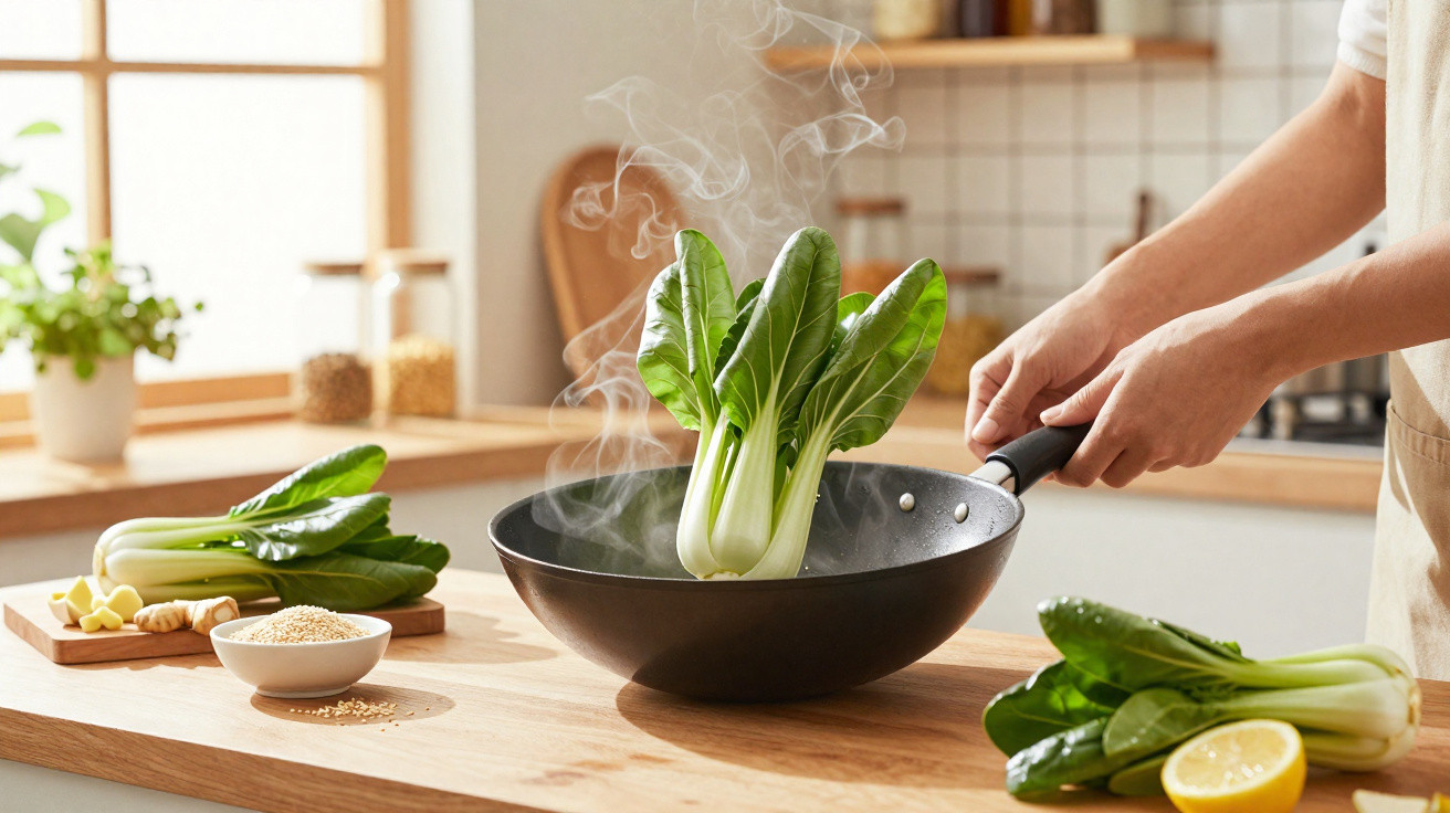 Pessoa a cozinhar acelga fresca num wok preto numa cozinha luminosa com ingredientes naturais na bancada.
