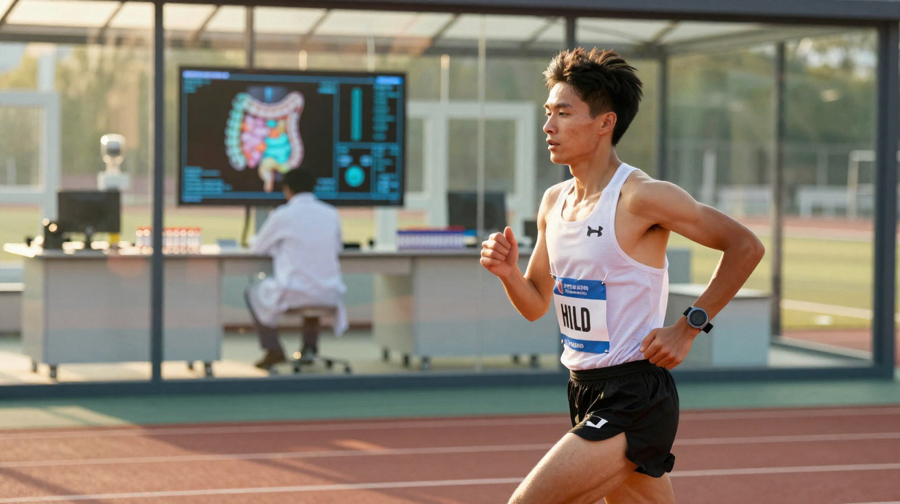 Atleta a correr numa pista com cientista a analisar dados numa tela ao fundo.