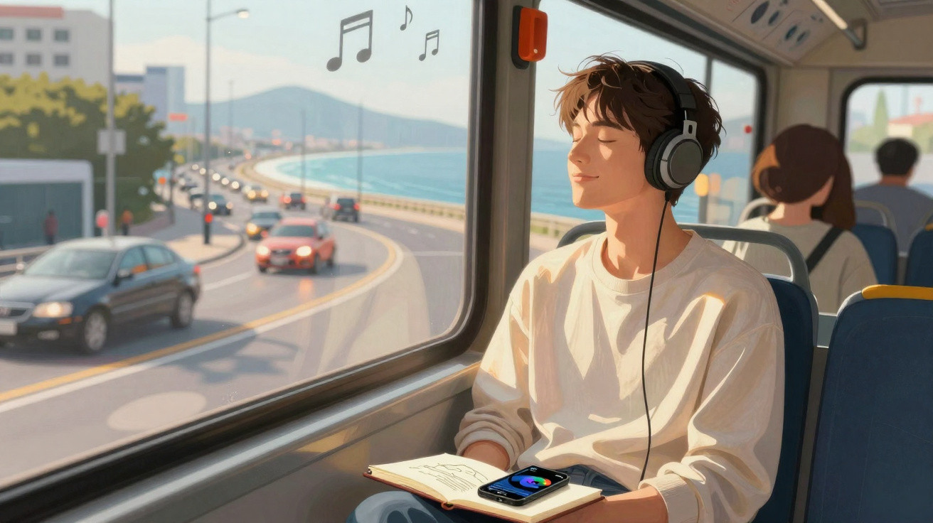 Jovem de olhos fechados a ouvir música com headphones num autocarro, com vista para estrada junto ao mar.