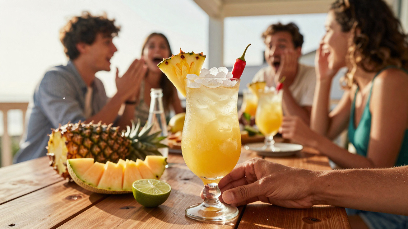 Bebida tropical com ananás e malagueta num copo com gelo, rodeada por amigos a rir à mesa de madeira.