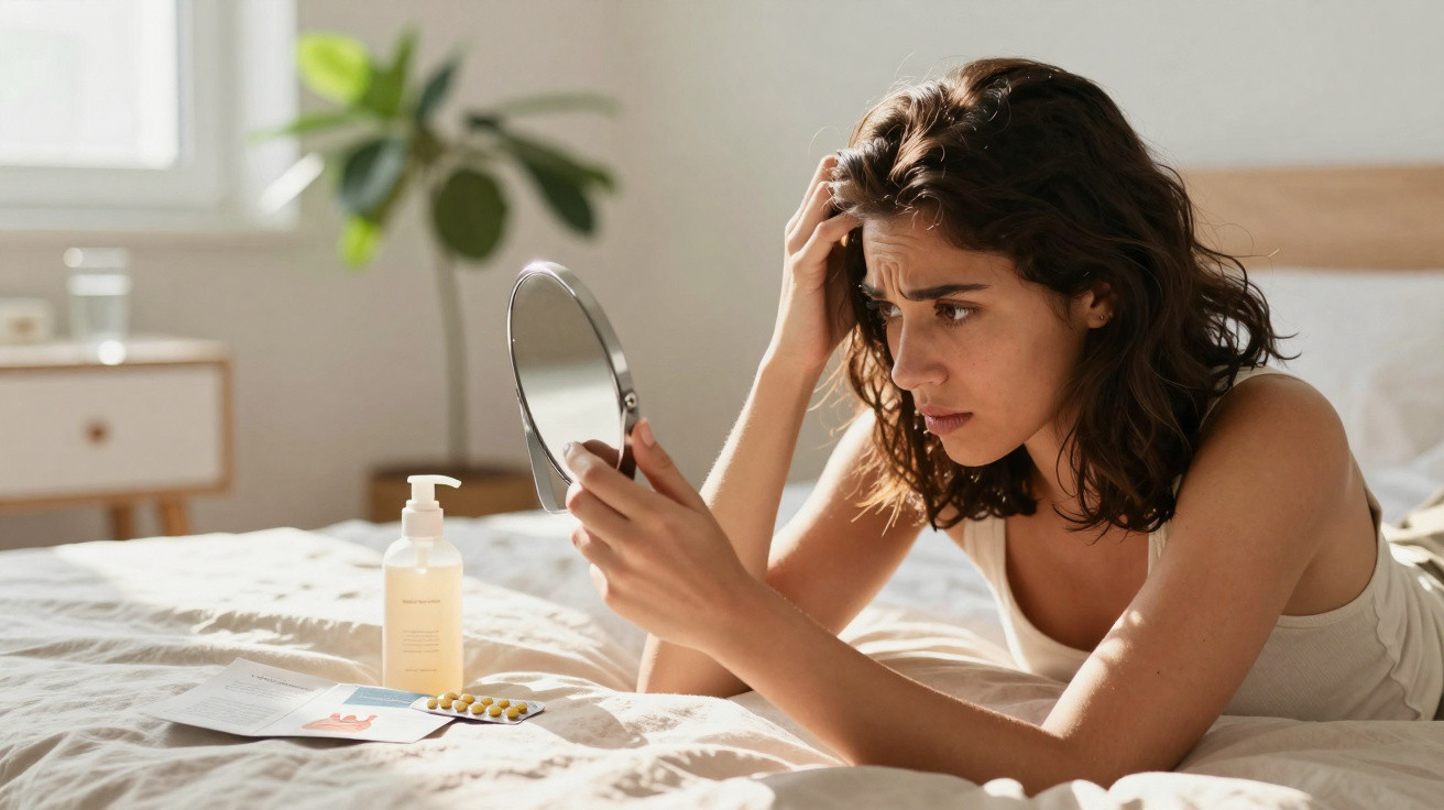 Mulher preocupada olha para espelho na cama, com medicamento e creme próximos, em quarto iluminado.