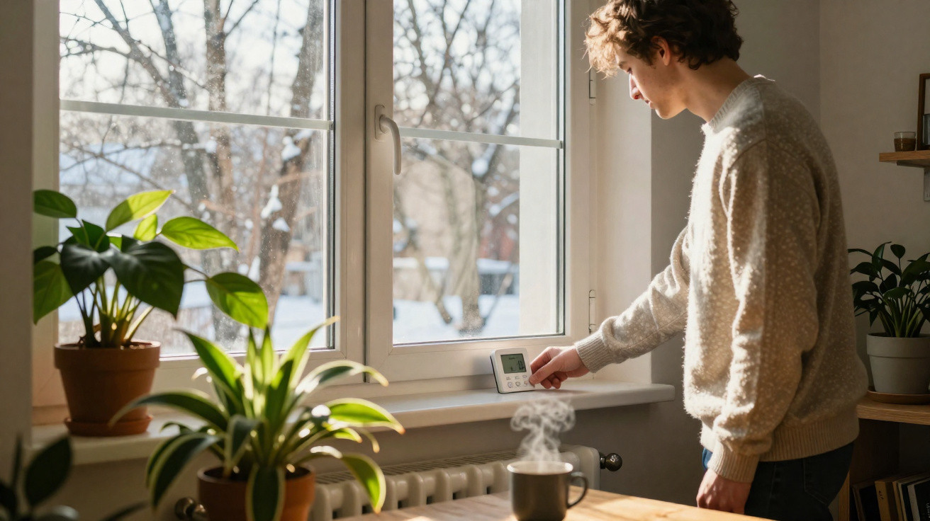 Homem ajusta termostato junto à janela com plantas, numa manhã de inverno com calor dentro de casa.