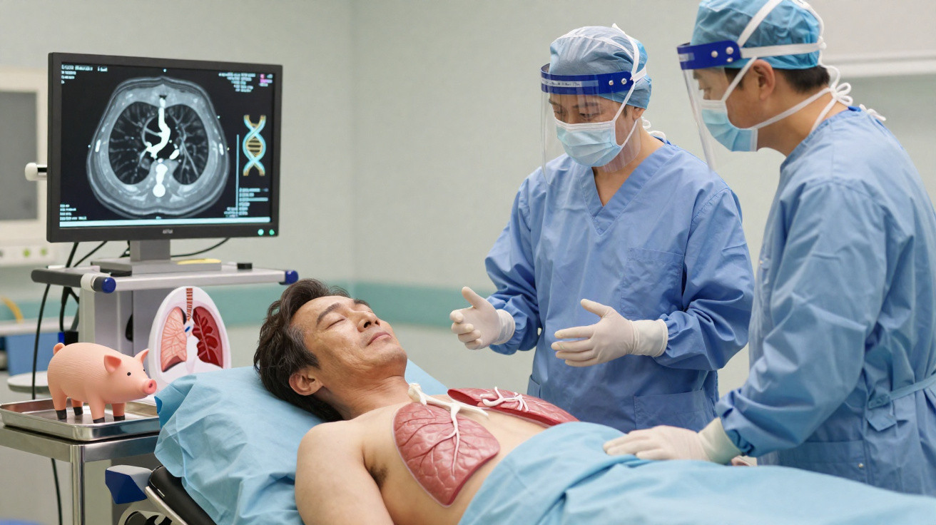 Paciente deitado em cama hospitalar com modelo de pulmões expostos, enquanto dois médicos em proteção observam.