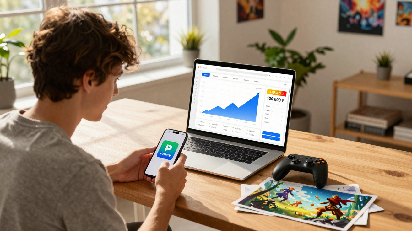 Jovem sentado a usar o telemóvel com app, ao lado de portátil com gráfico financeiro e comando de jogo.