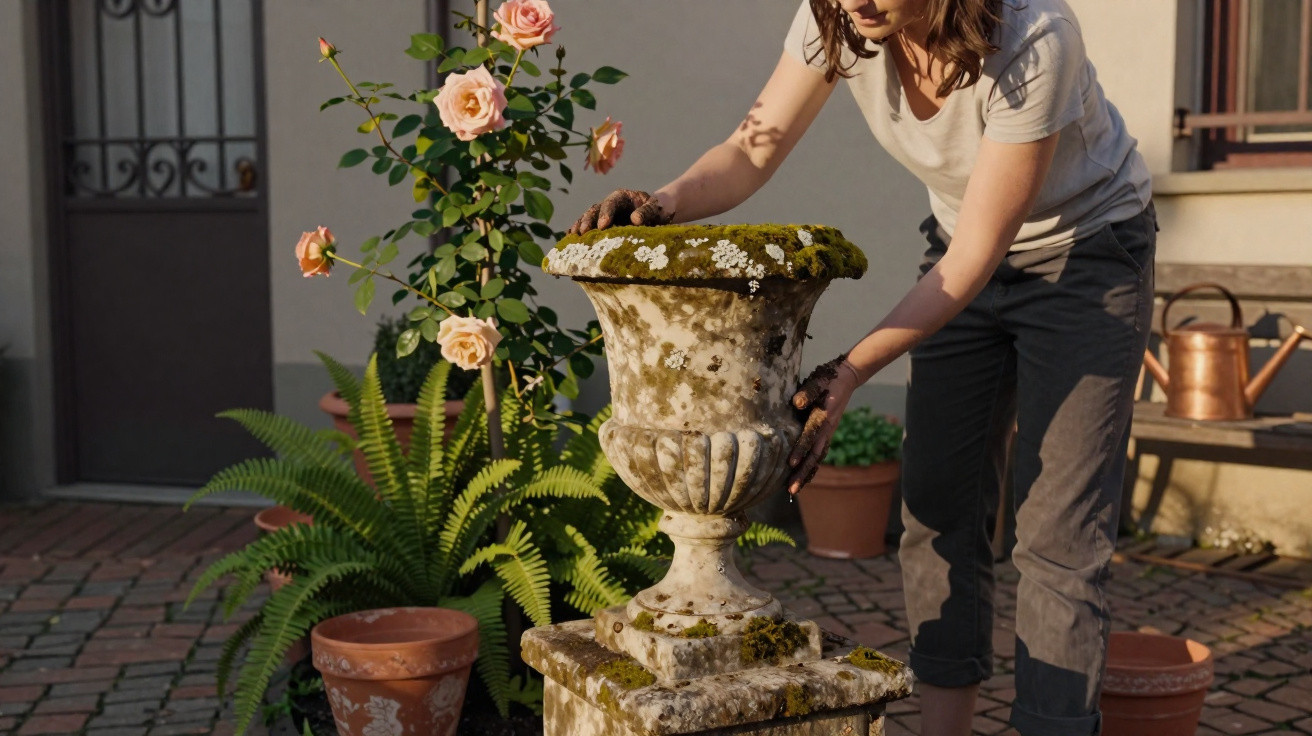 Pessoa mexe em vaso de pedra antigo com musgo num jardim com flores e plantas em vasos.