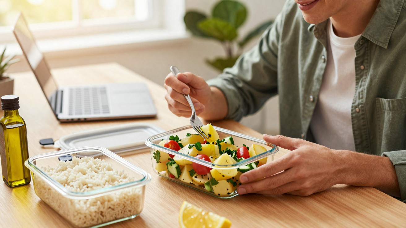 Pessoa a comer salada de batata com legumes, arroz e azeite na mesa com computador portátil.