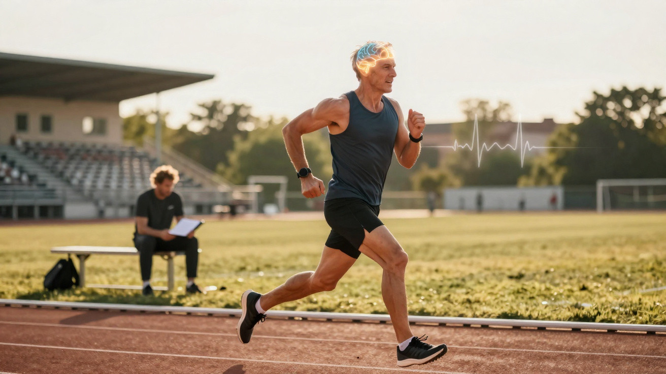 Homem a correr numa pista de atletismo com gráficos de atividade cerebral e ritmo cardíaco sobrepostos.