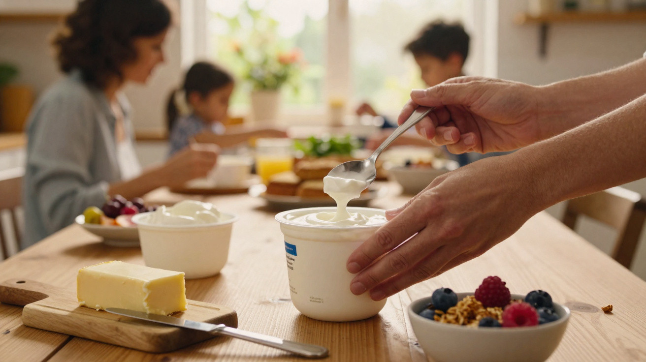 Mãos servem iogurte em taça com granola e frutos vermelhos durante pequeno-almoço em família.