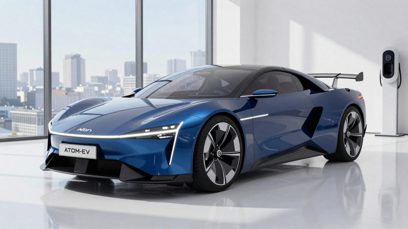 Carro desportivo elétrico azul estacionado numa garagem moderna com estação de carregamento.
