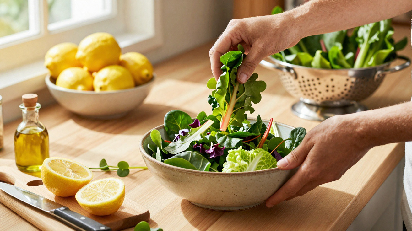 Pessoa a preparar salada com folhas verdes frescas numa tigela, com limões e azeite na bancada.