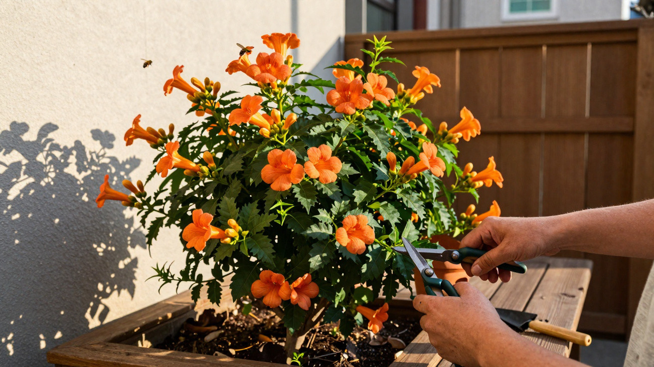 Pessoa a podar planta com flores laranja num vaso de madeira num jardim iluminado pelo sol.
