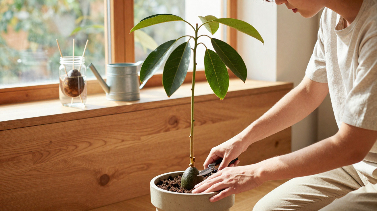 Pessoa a cuidar de planta de abacateiro em vaso junto a janela numa sala com luz natural.