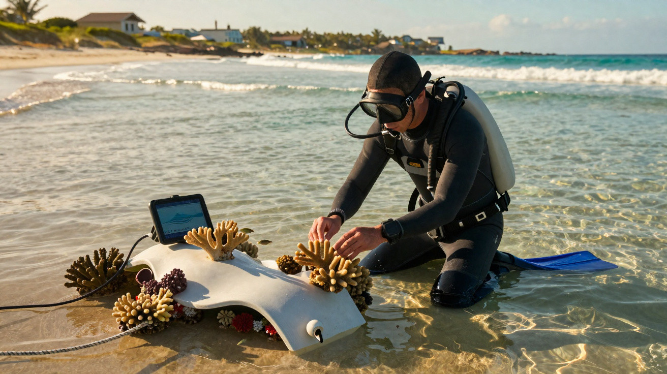 Mergulhador em fato salva-corpos mexe num recife artificial em águas rasas junto à praia.