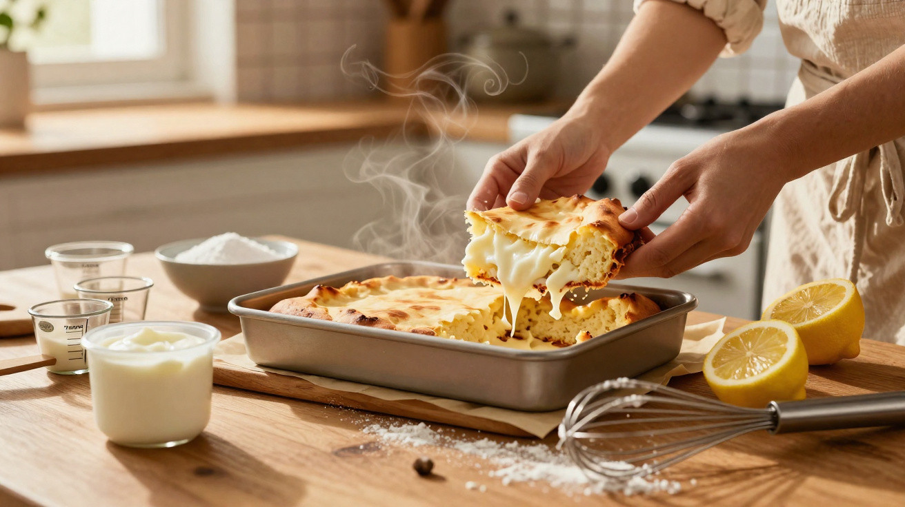 Pessoa a retirar pedaço de tarte de queijo quente com queijo derretido numa forma de forno.