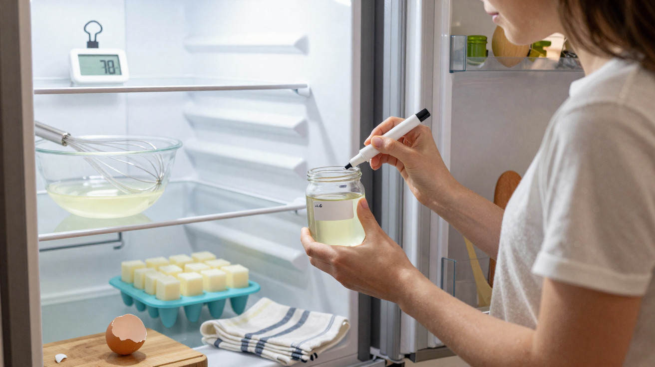Pessoa a etiquetar frasco com líquido dentro do frigorífico aberto onde há cubos congelados e utensílios de cozinha.