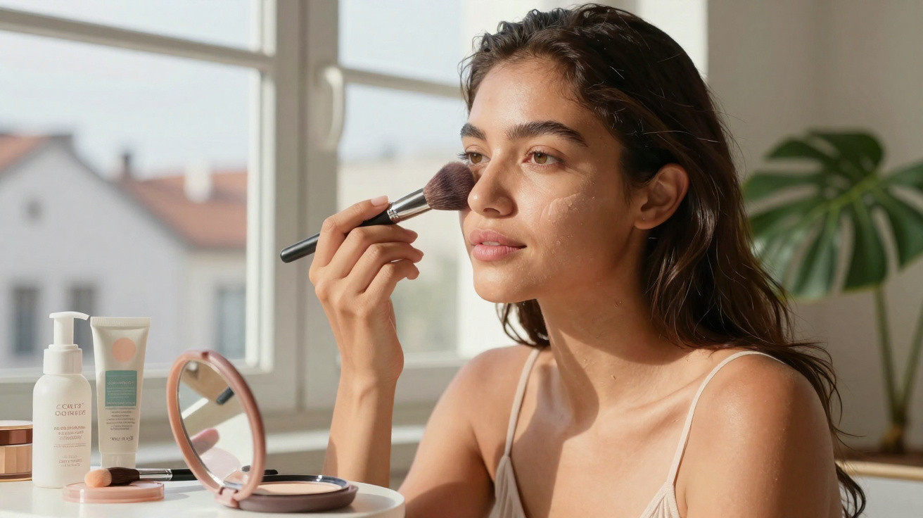Mulher a aplicar maquilhagem com pincel no rosto junto a janela com produtos de beleza à frente.
