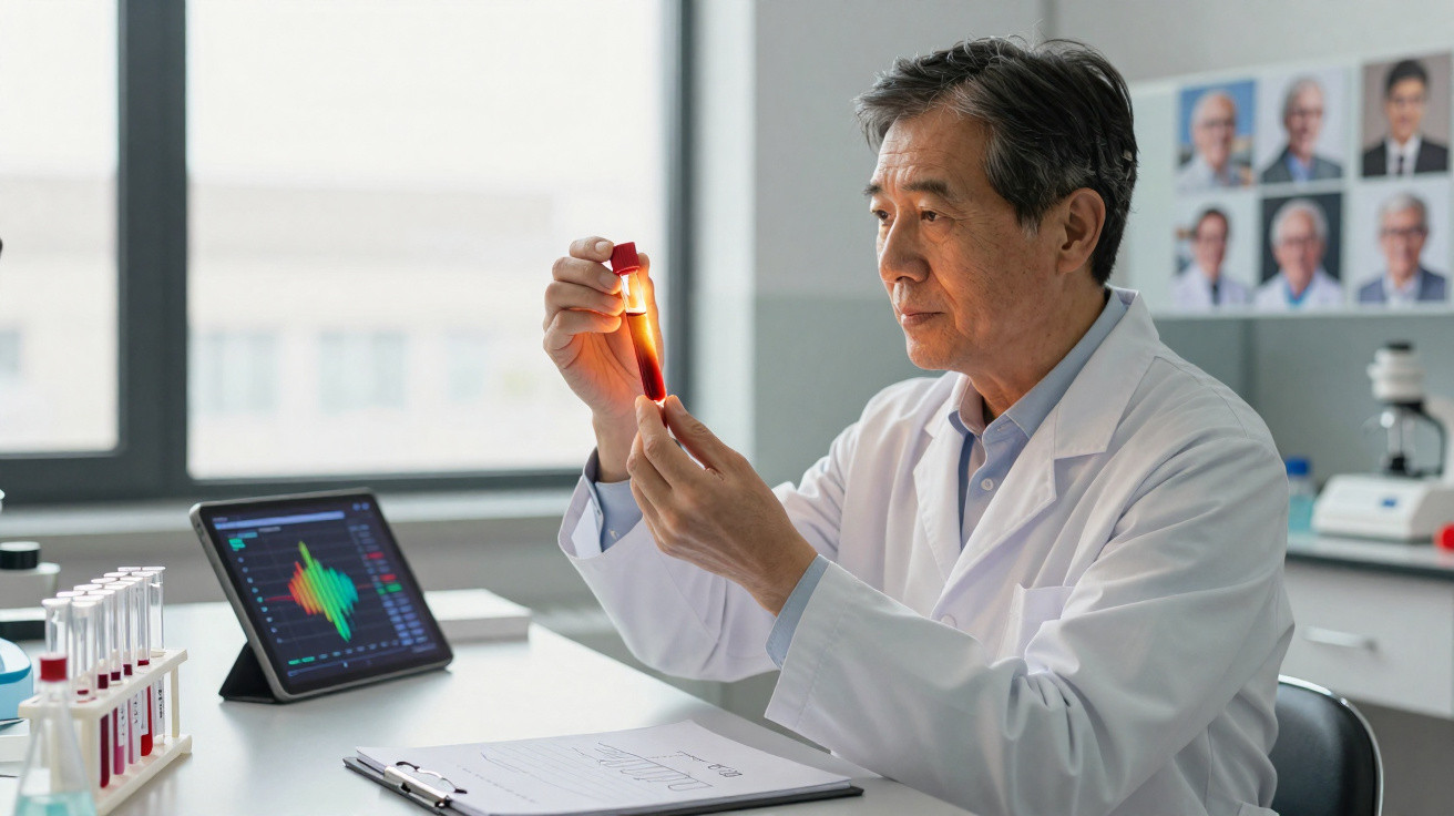 Cientista num laboratório a analisar um tubo de ensaio com líquido vermelho sob luz natural.