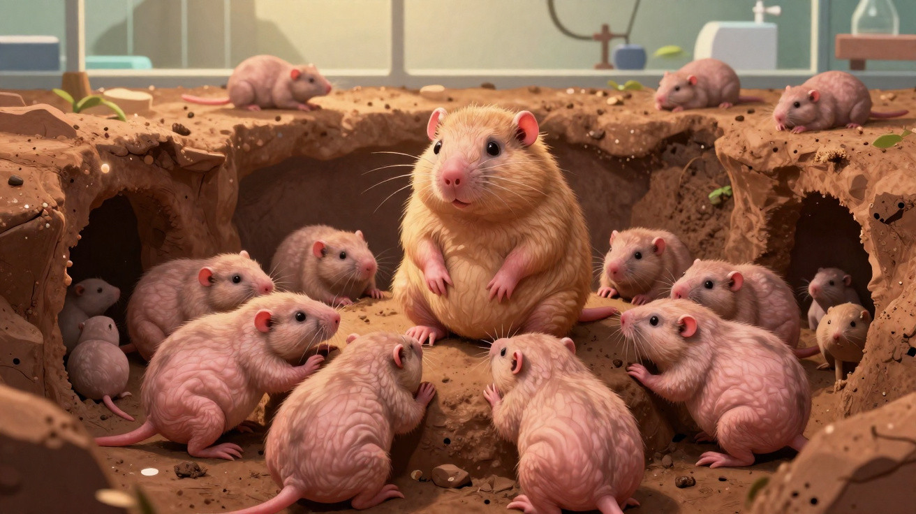 Um grupo de ratos rosa rodeia um rato amarelo sentado no centro em tocas de terra.