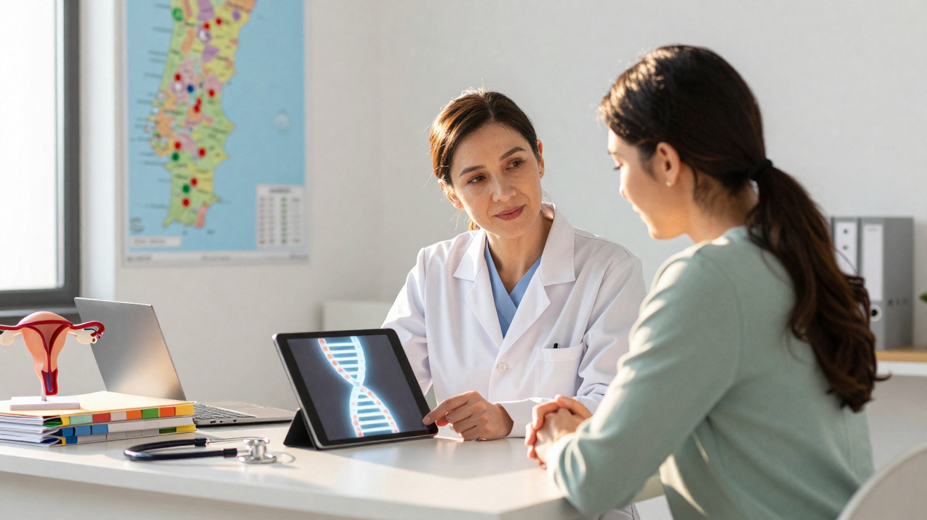 Médica a mostrar informação genética numa tablet durante consulta com paciente em gabinete clínico.