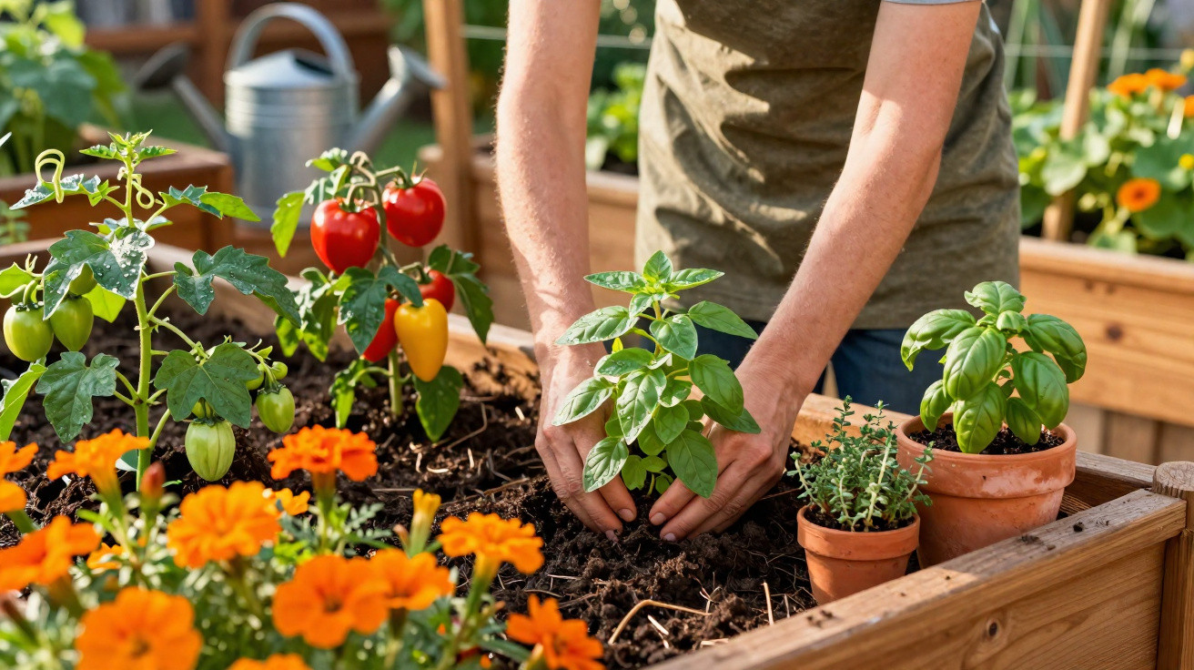Pessoa a plantar manjericão numa horta elevada com tomates e flores alaranjadas ao lado.